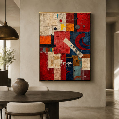 Red Blue Abstract Mixed Media Textured Canvas Wall Art