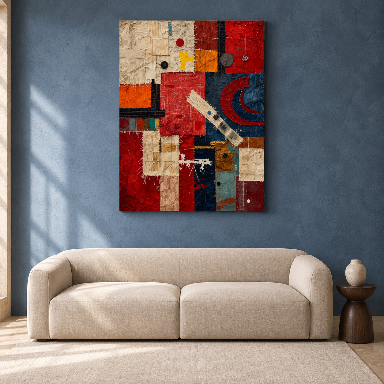 Red Blue Abstract Mixed Media Textured Canvas Wall Art