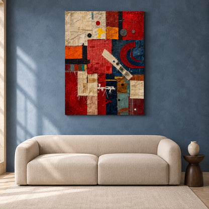 Red Blue Abstract Mixed Media Textured Canvas Wall Art