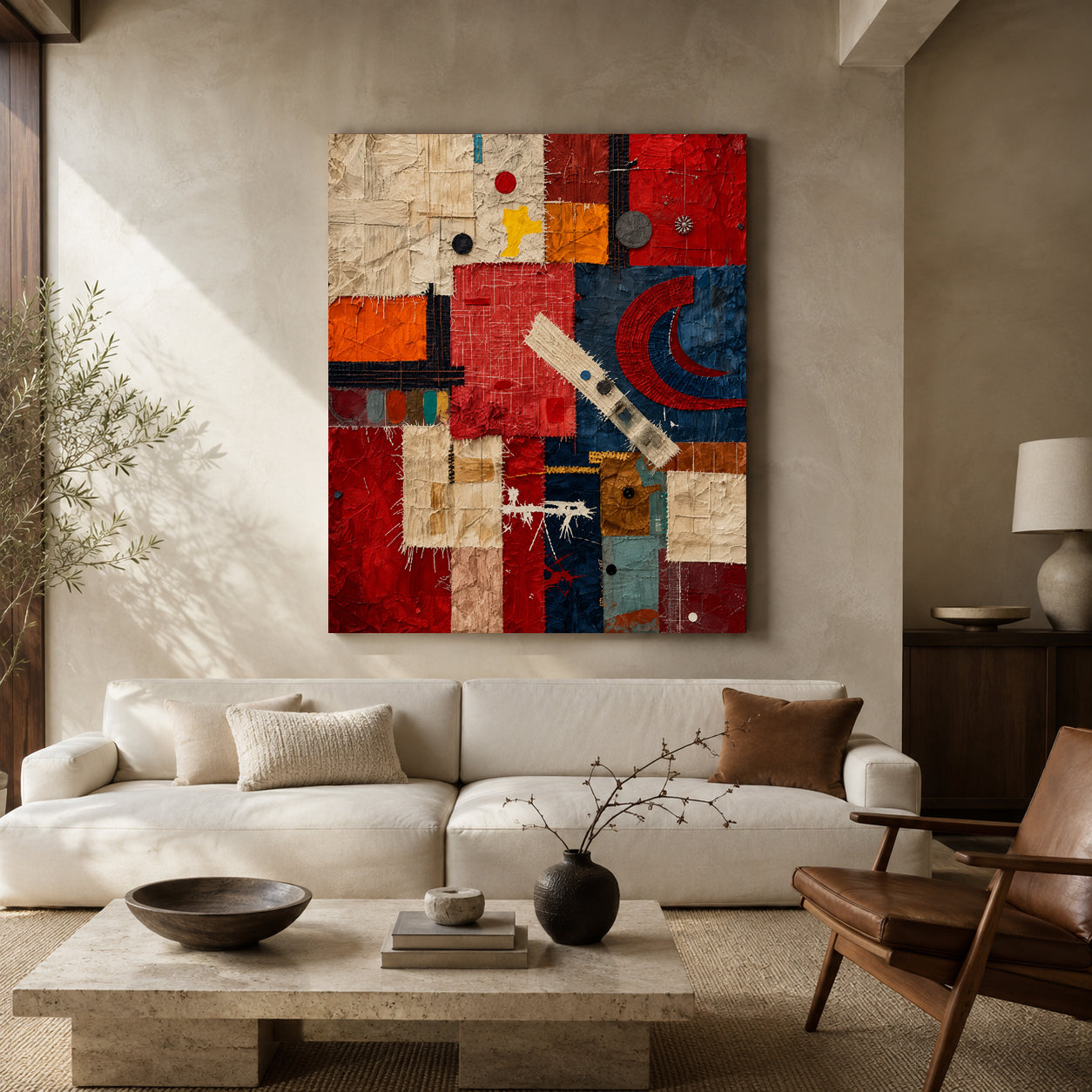 Red Blue Abstract Mixed Media Textured Canvas Wall Art