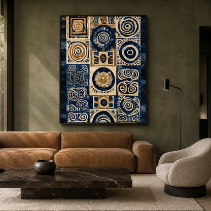 Navy Blue Beige Tribal Abstract Geometric Canvas Wall Art