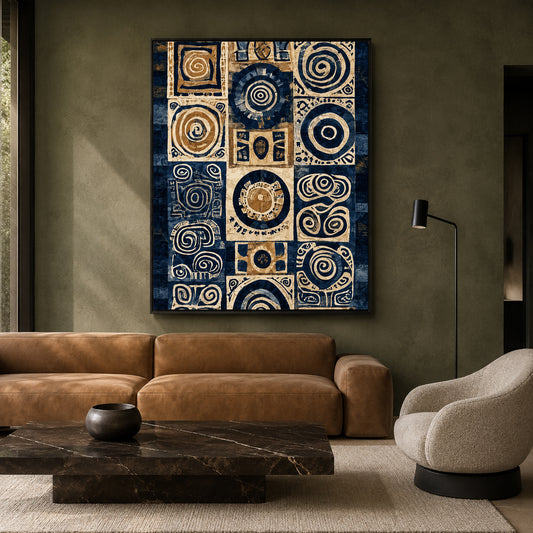 Navy Blue Beige Tribal Abstract Geometric Canvas Wall Art