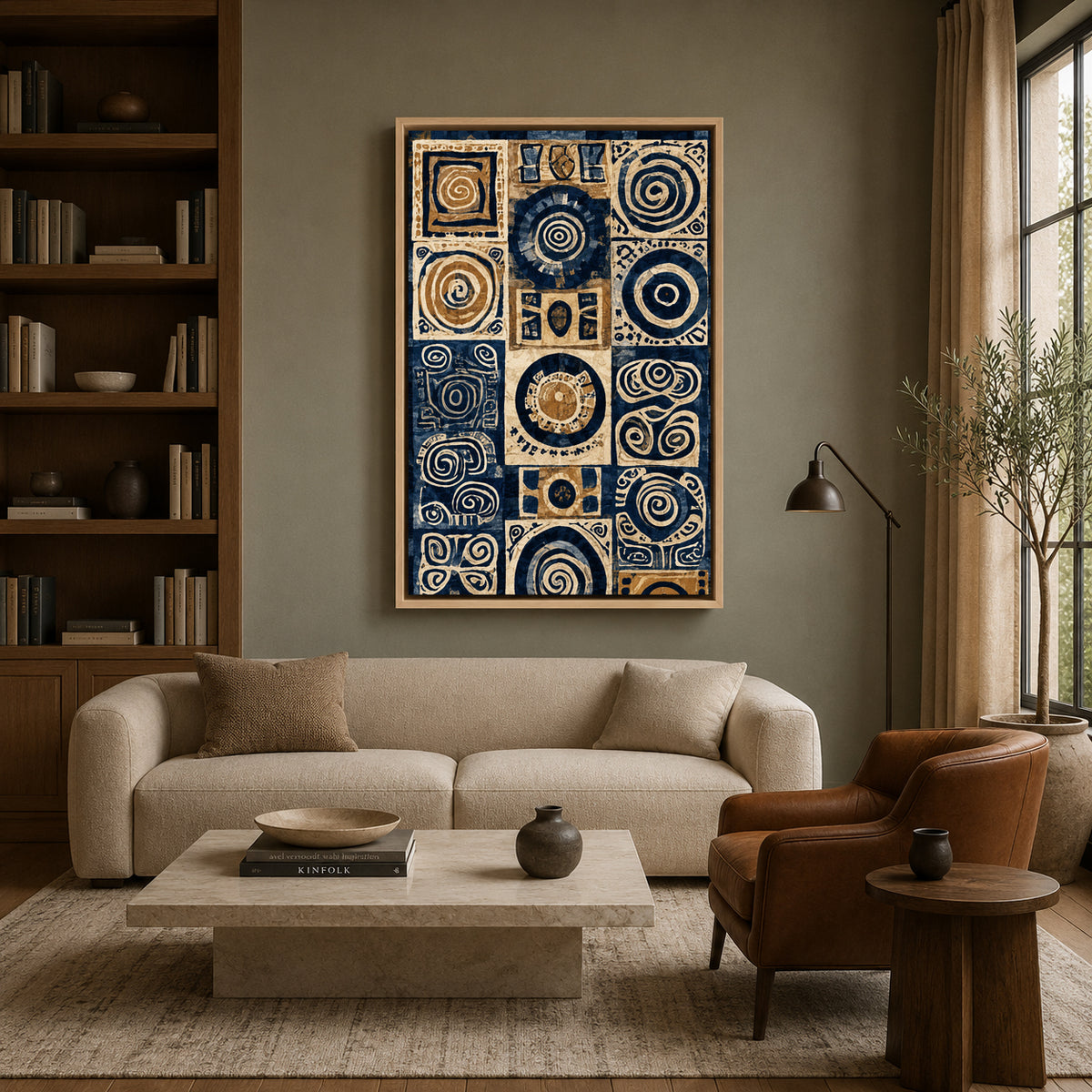 Navy Blue Beige Tribal Abstract Geometric Canvas Wall Art