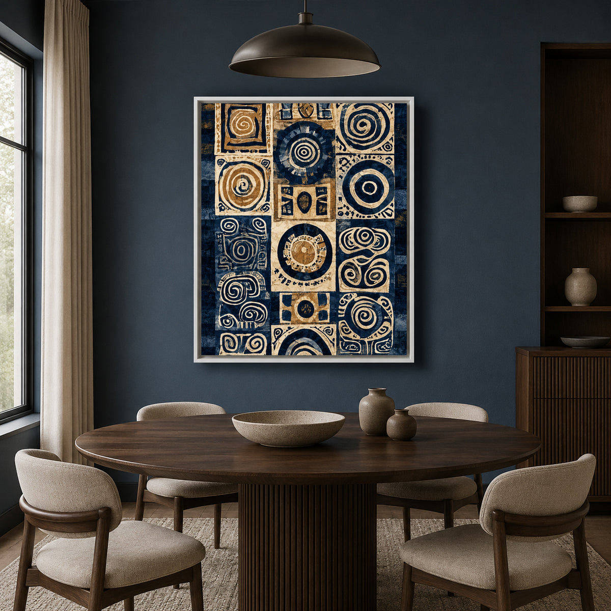 Navy Blue Beige Tribal Abstract Geometric Canvas Wall Art
