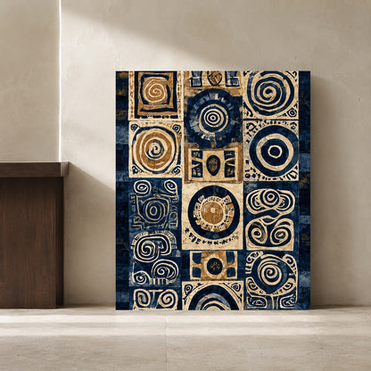 Navy Blue Beige Tribal Abstract Geometric Canvas Wall Art