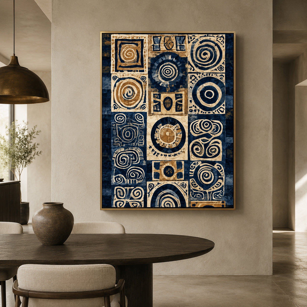 Navy Blue Beige Tribal Abstract Geometric Canvas Wall Art