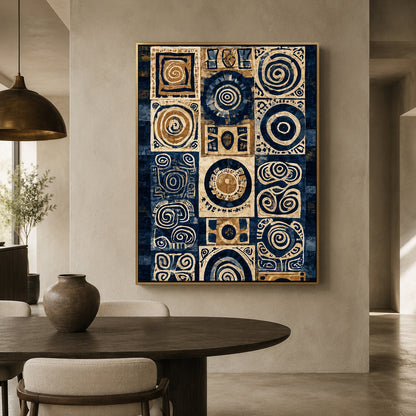 Navy Blue Beige Tribal Abstract Geometric Canvas Wall Art