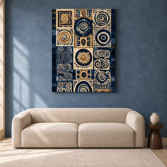 Navy Blue Beige Tribal Abstract Geometric Canvas Wall Art