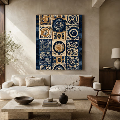 Navy Blue Beige Tribal Abstract Geometric Canvas Wall Art