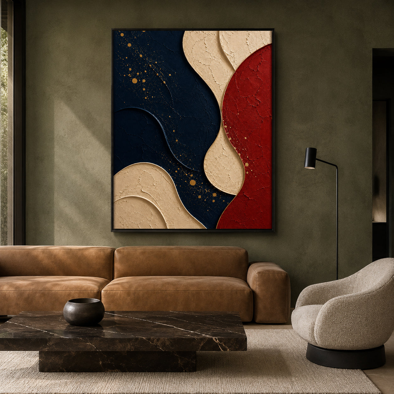 Navy Blue Red Abstract Textured Geometric Canvas Wall Art