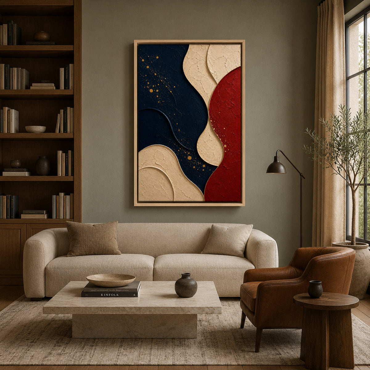 Navy Blue Red Abstract Textured Geometric Canvas Wall Art