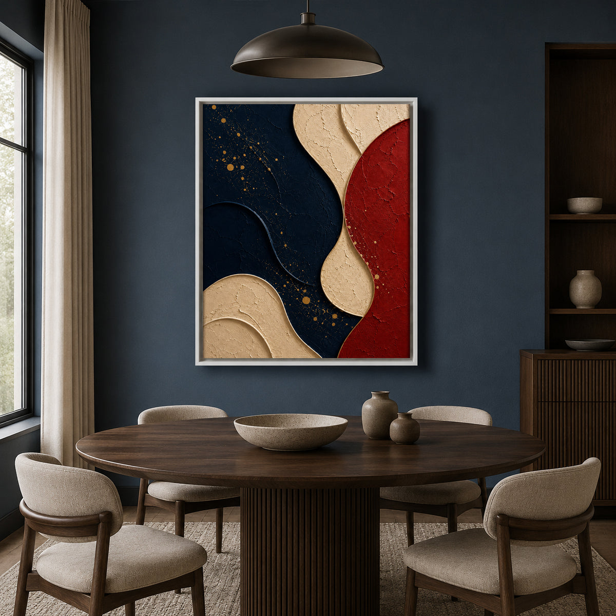 Navy Blue Red Abstract Textured Geometric Canvas Wall Art