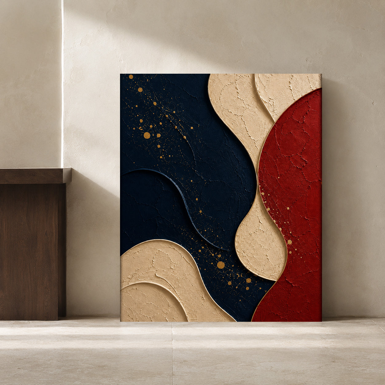 Navy Blue Red Abstract Textured Geometric Canvas Wall Art