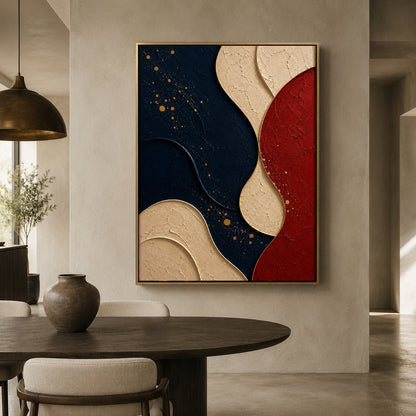 Navy Blue Red Abstract Textured Geometric Canvas Wall Art
