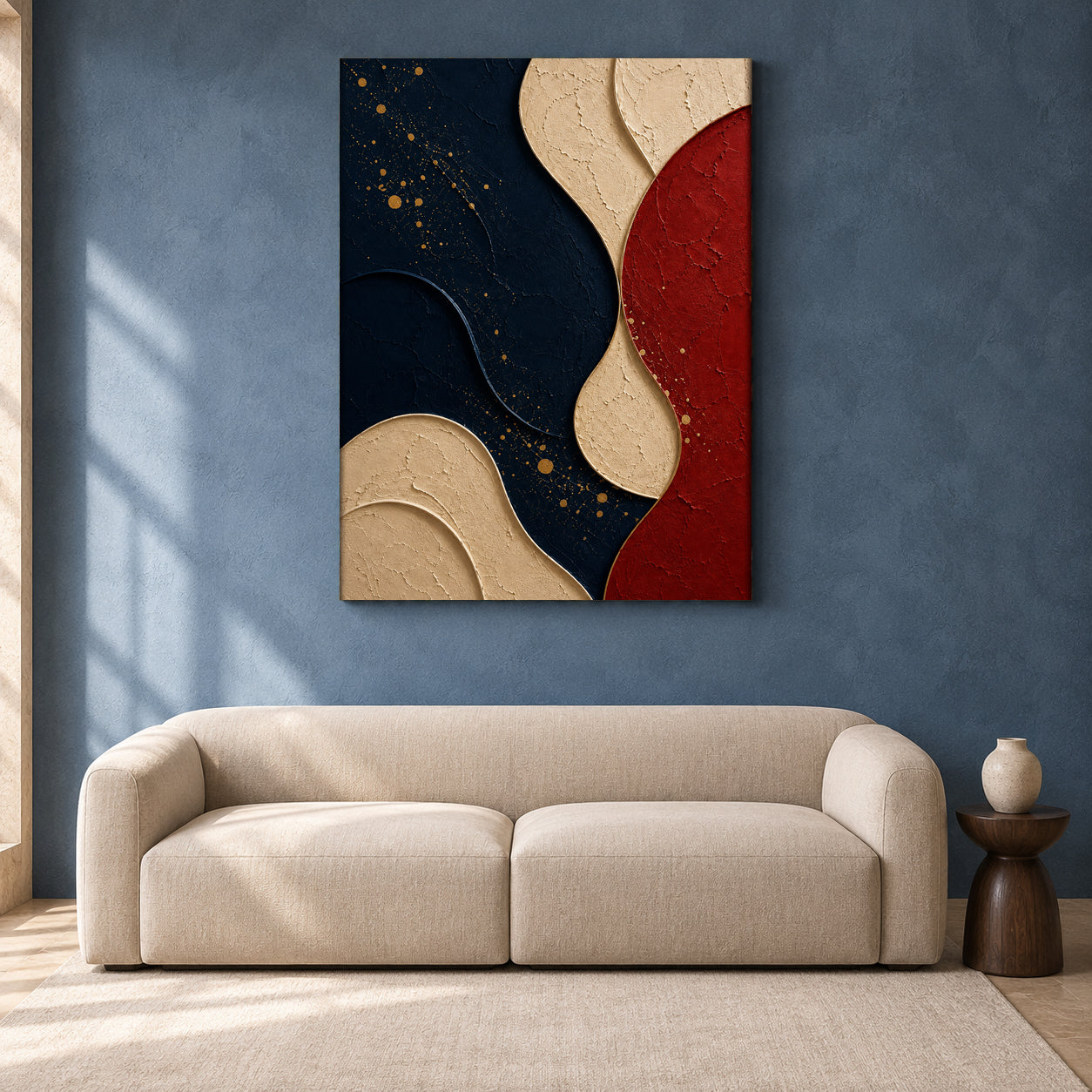 Navy Blue Red Abstract Textured Geometric Canvas Wall Art