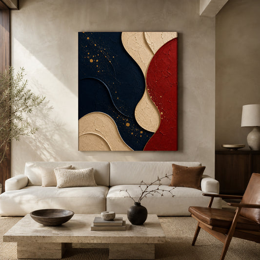 Navy Blue Red Abstract Textured Geometric Canvas Wall Art