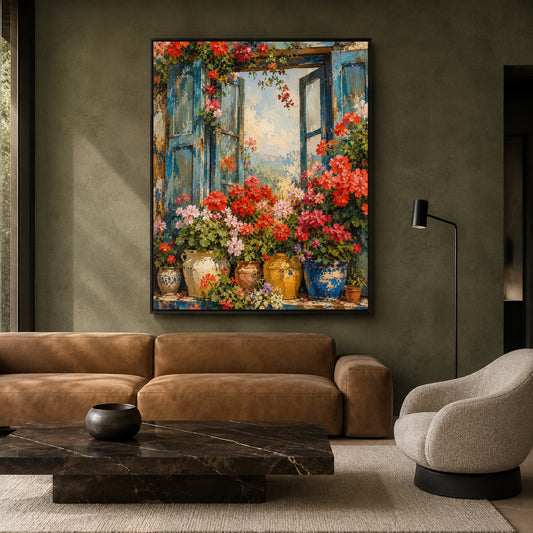 Blue Window with Colorful Flowers Floral Canvas Wall Art