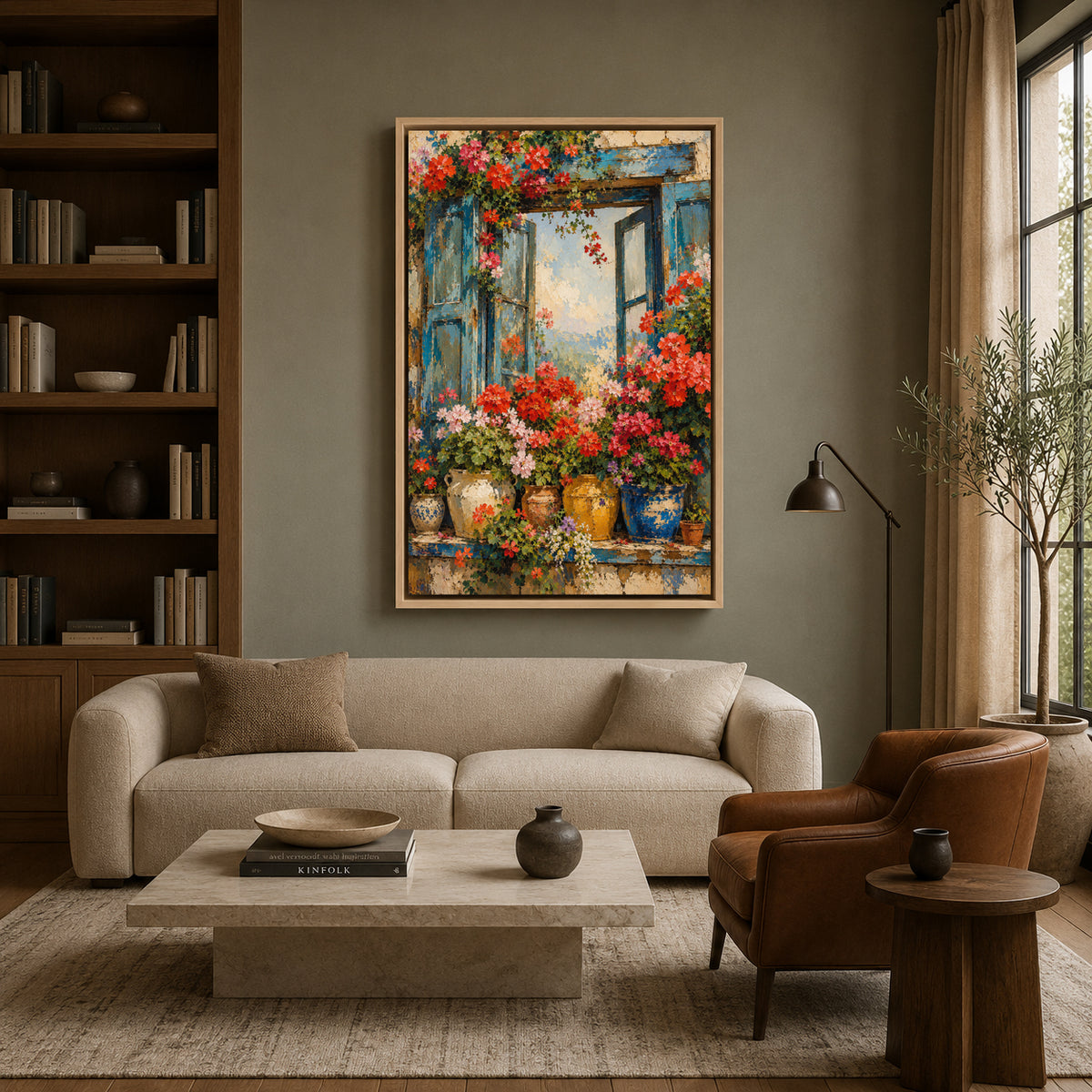 Blue Window with Colorful Flowers Floral Canvas Wall Art
