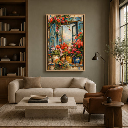 Blue Window with Colorful Flowers Floral Canvas Wall Art