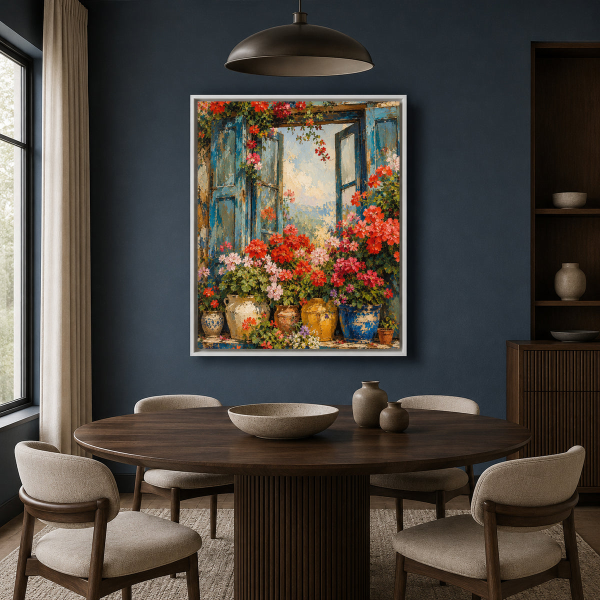 Blue Window with Colorful Flowers Floral Canvas Wall Art