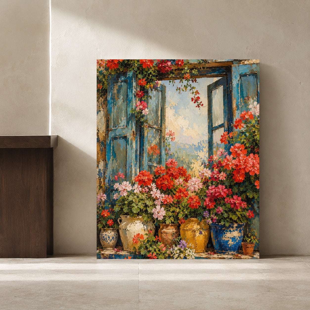 Blue Window with Colorful Flowers Floral Canvas Wall Art