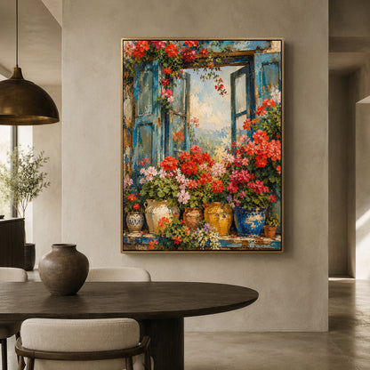 Blue Window with Colorful Flowers Floral Canvas Wall Art