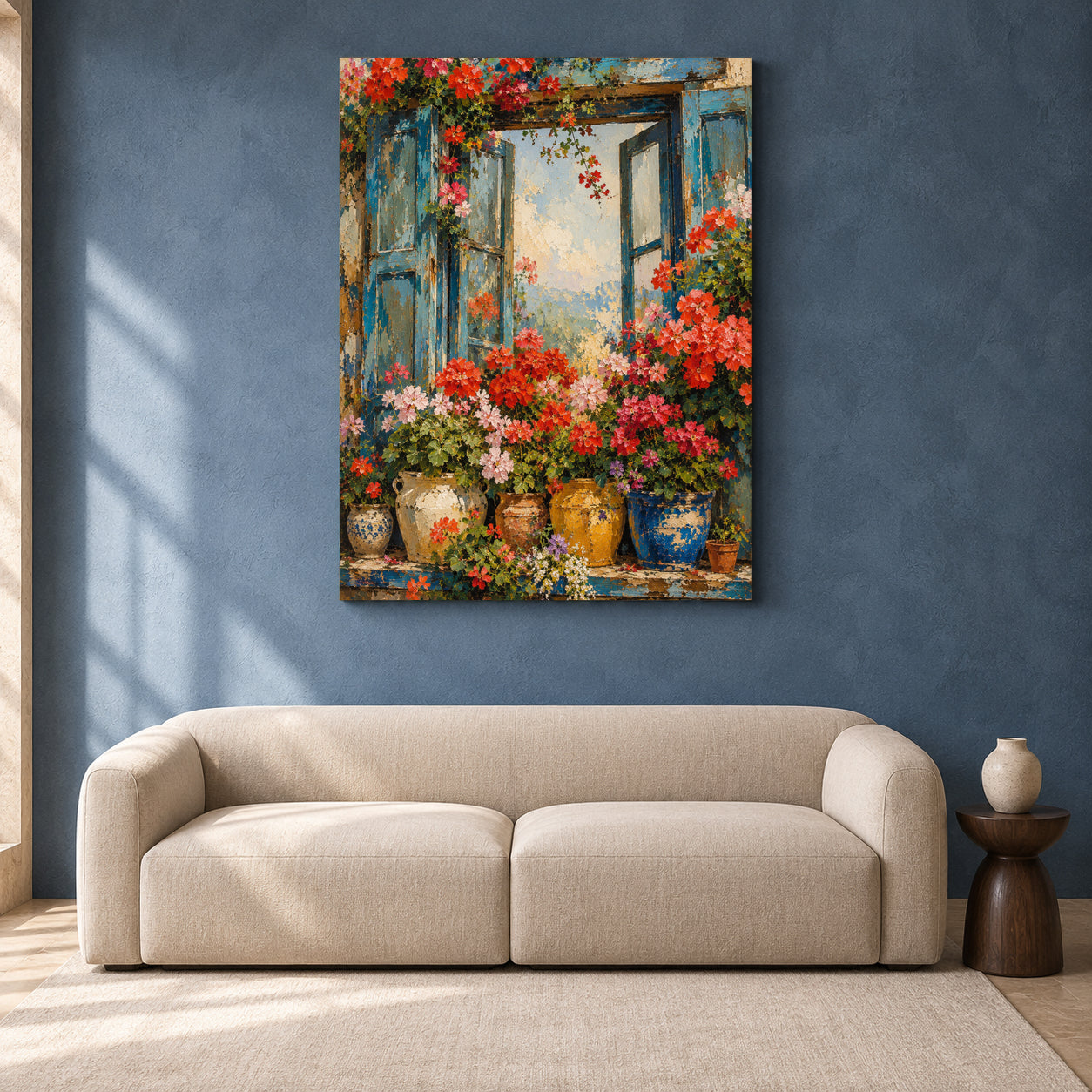 Blue Window with Colorful Flowers Floral Canvas Wall Art