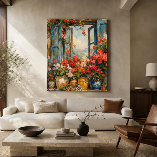 Blue Window with Colorful Flowers Floral Canvas Wall Art