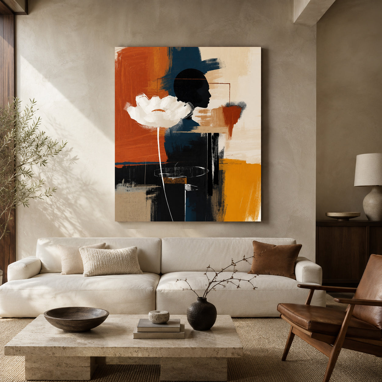Black and Orange Floral Abstract Canvas Wall Art for Modern Interiors
