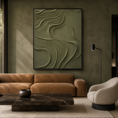 Olive Green Textured Abstract Canvas Art for Modern Decor