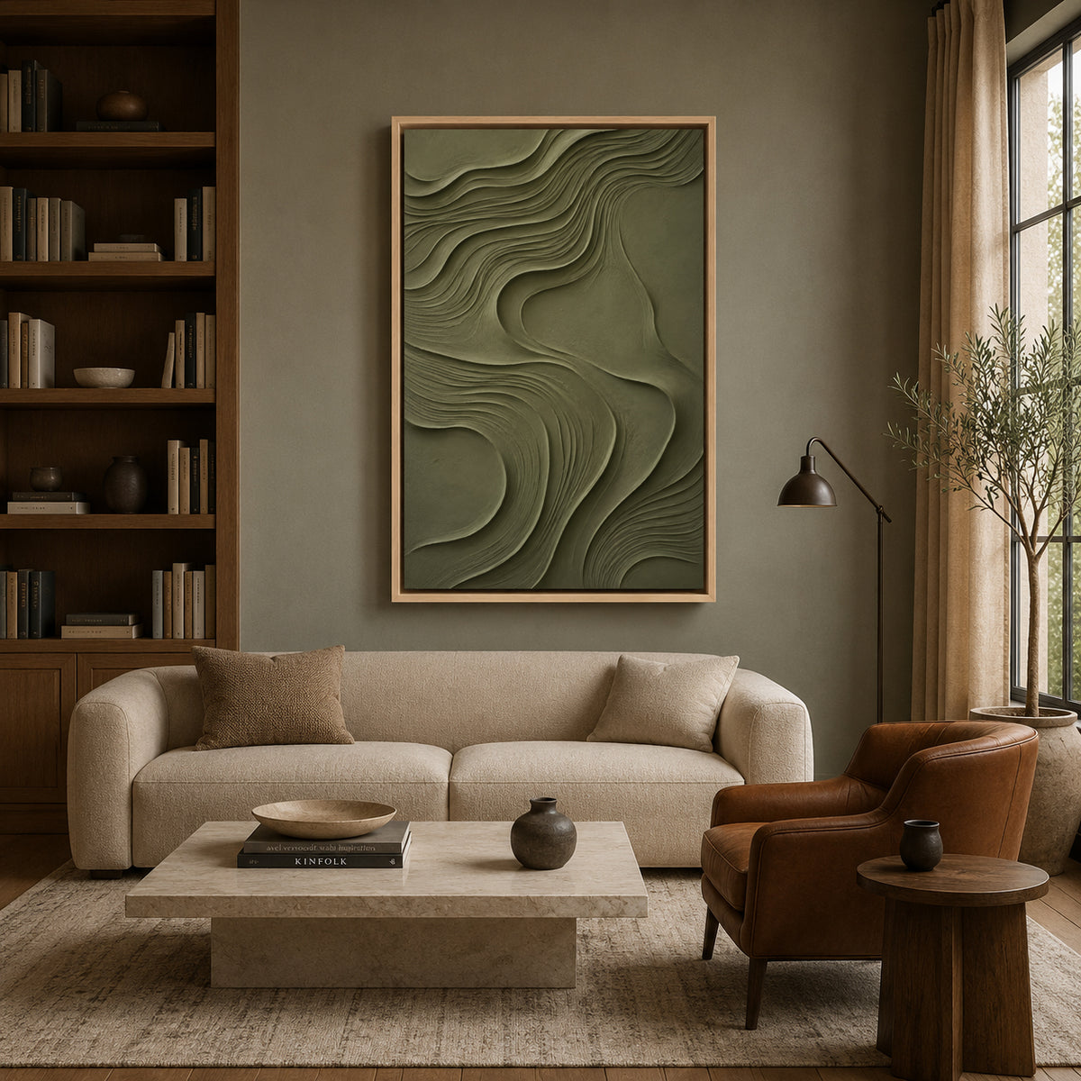 Olive Green Textured Abstract Canvas Art for Modern Decor