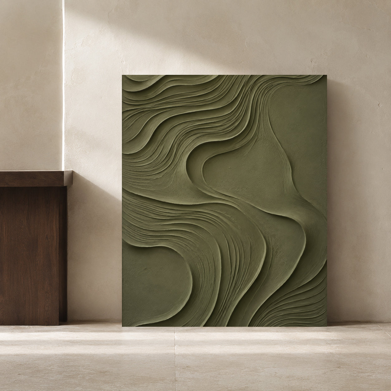 Olive Green Textured Abstract Canvas Art for Modern Decor