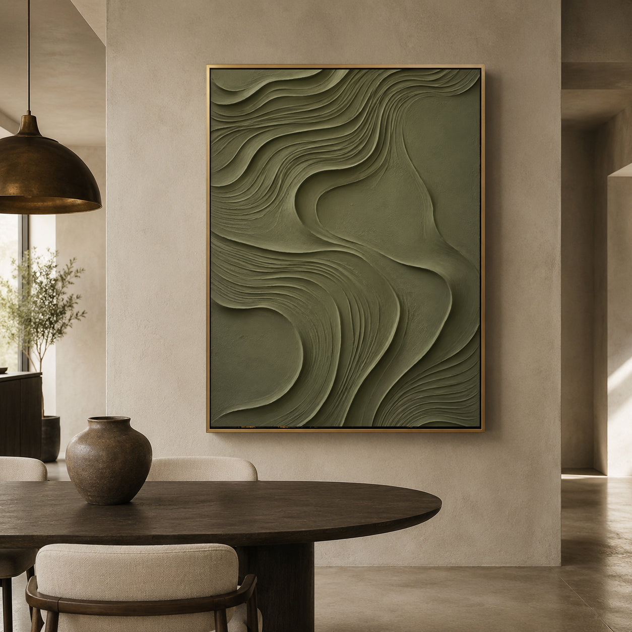 Olive Green Textured Abstract Canvas Art for Modern Decor