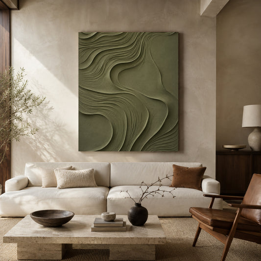 Olive Green Textured Abstract Canvas Art for Modern Decor