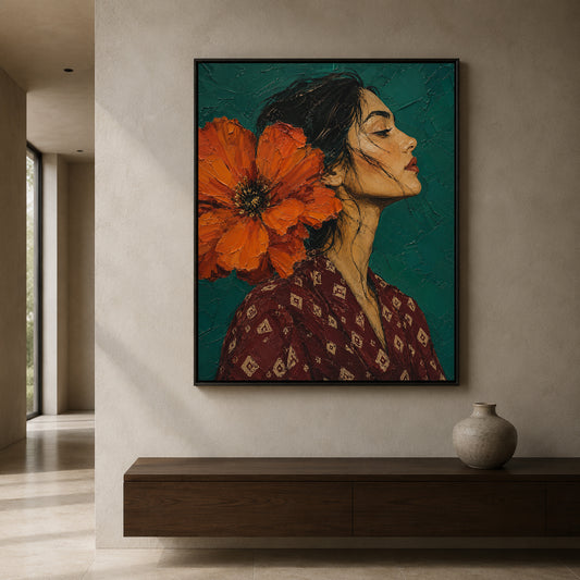 A framed vertical art print depicting a woman in profile with a large orange flower on her head, hanging on a beige wall above a dark wood console with a ceramic vase.