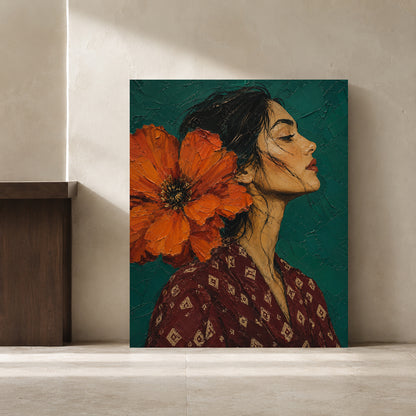 Modern Woman Portrait Canvas Art with Orange Flower