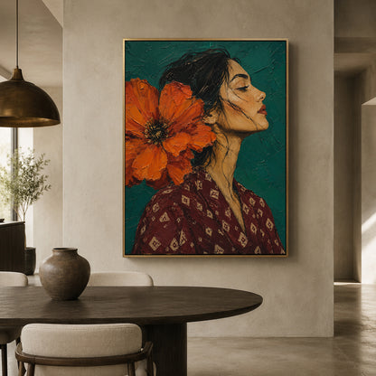 A framed vertical canvas art print depicting a woman in profile with a large orange flower behind her head, hanging on a textured beige wall in a modern dining room setting.