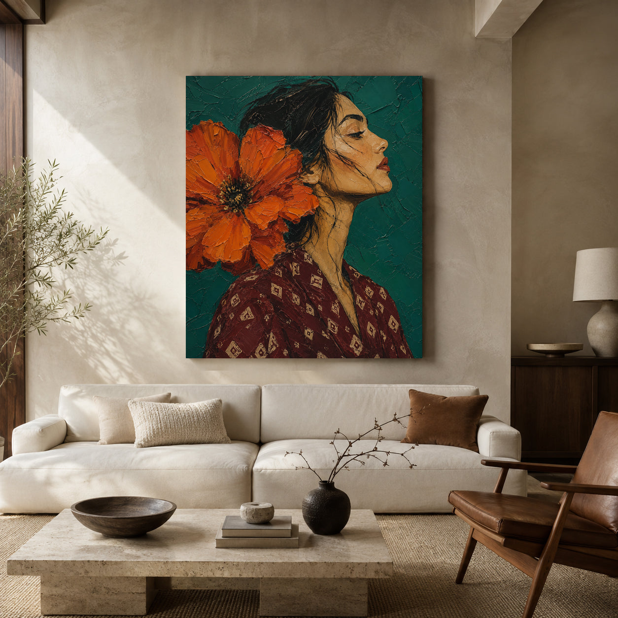 A large rectangular canvas wall art print hangs above a white sofa in a modern living room. The artwork depicts a woman in profile with dark hair and a large bright orange flower against a teal background.