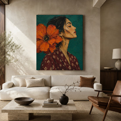 A large rectangular canvas wall art print hangs above a white sofa in a modern living room. The artwork depicts a woman in profile with dark hair and a large bright orange flower against a teal background.