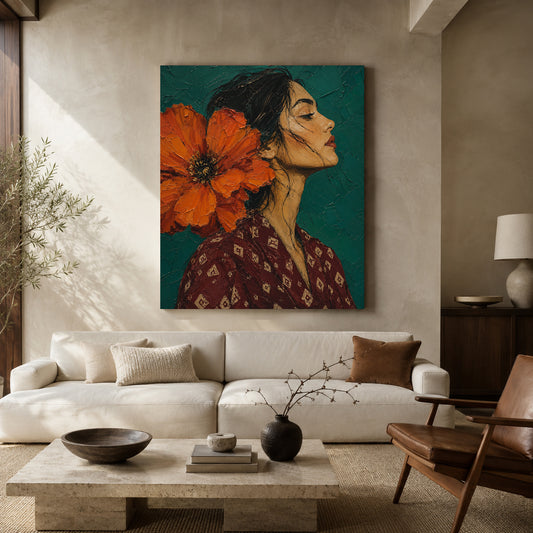 A large rectangular canvas wall art print hangs above a white sofa in a modern living room. The artwork depicts a woman in profile with dark hair and a large bright orange flower against a teal background.