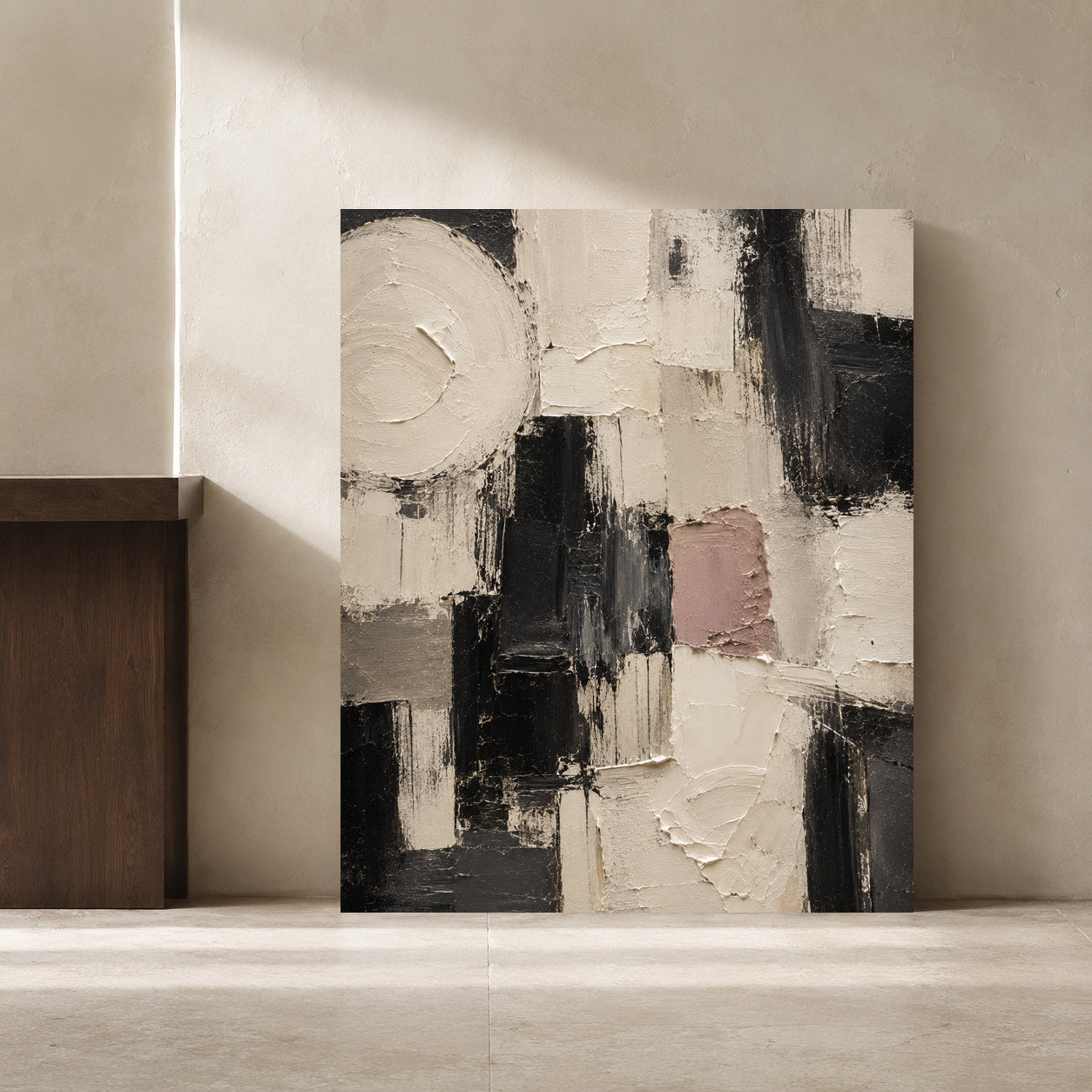 Black and White Abstract Canvas Art with Blush Accent