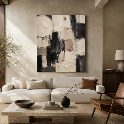 Black and White Abstract Canvas Art with Blush Accent