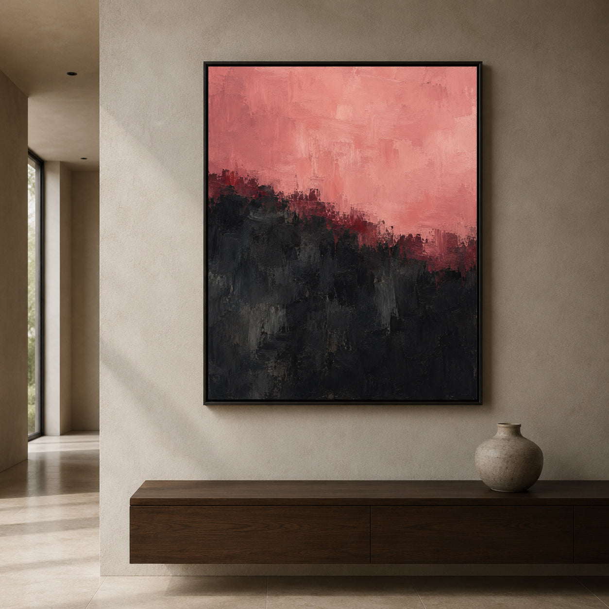 Pink and Black Abstract Canvas Art with Textured Layers