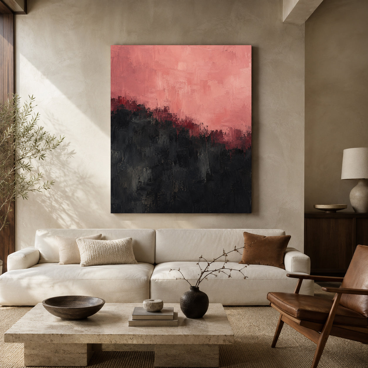 Pink and Black Abstract Canvas Art with Textured Layers