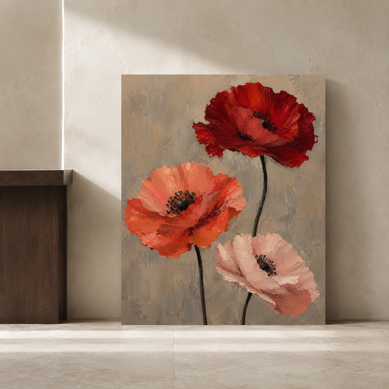 Modern Poppy Canvas Art in Red Coral and Blush