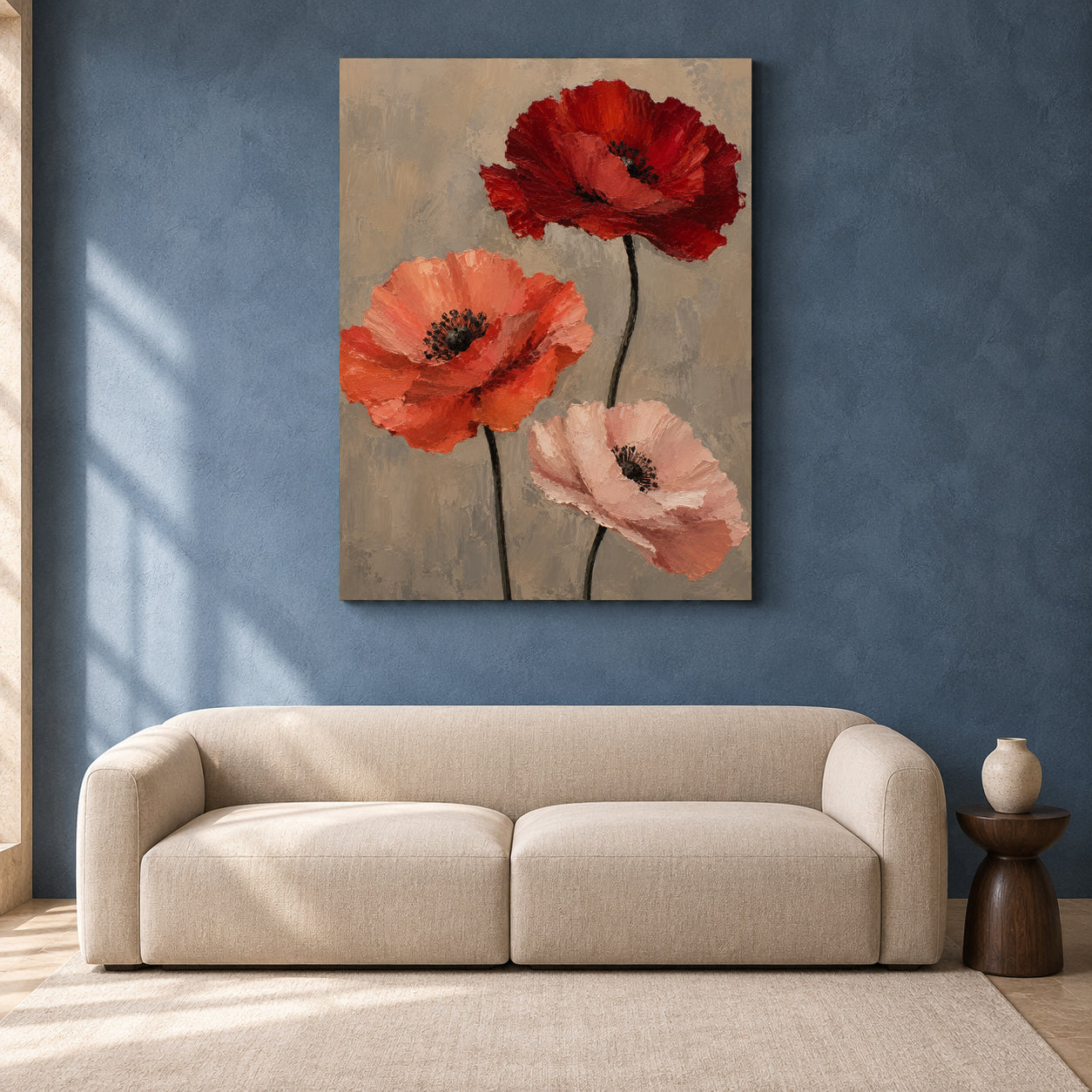 A vertical canvas wall art print featuring three textured poppy flowers in red, orange, and soft pink on a warm beige background, displayed in a modern living room setting above a beige sofa against a textured blue wall.