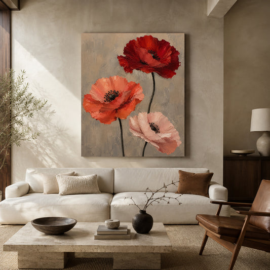 Modern Poppy Canvas Art in Red Coral and Blush