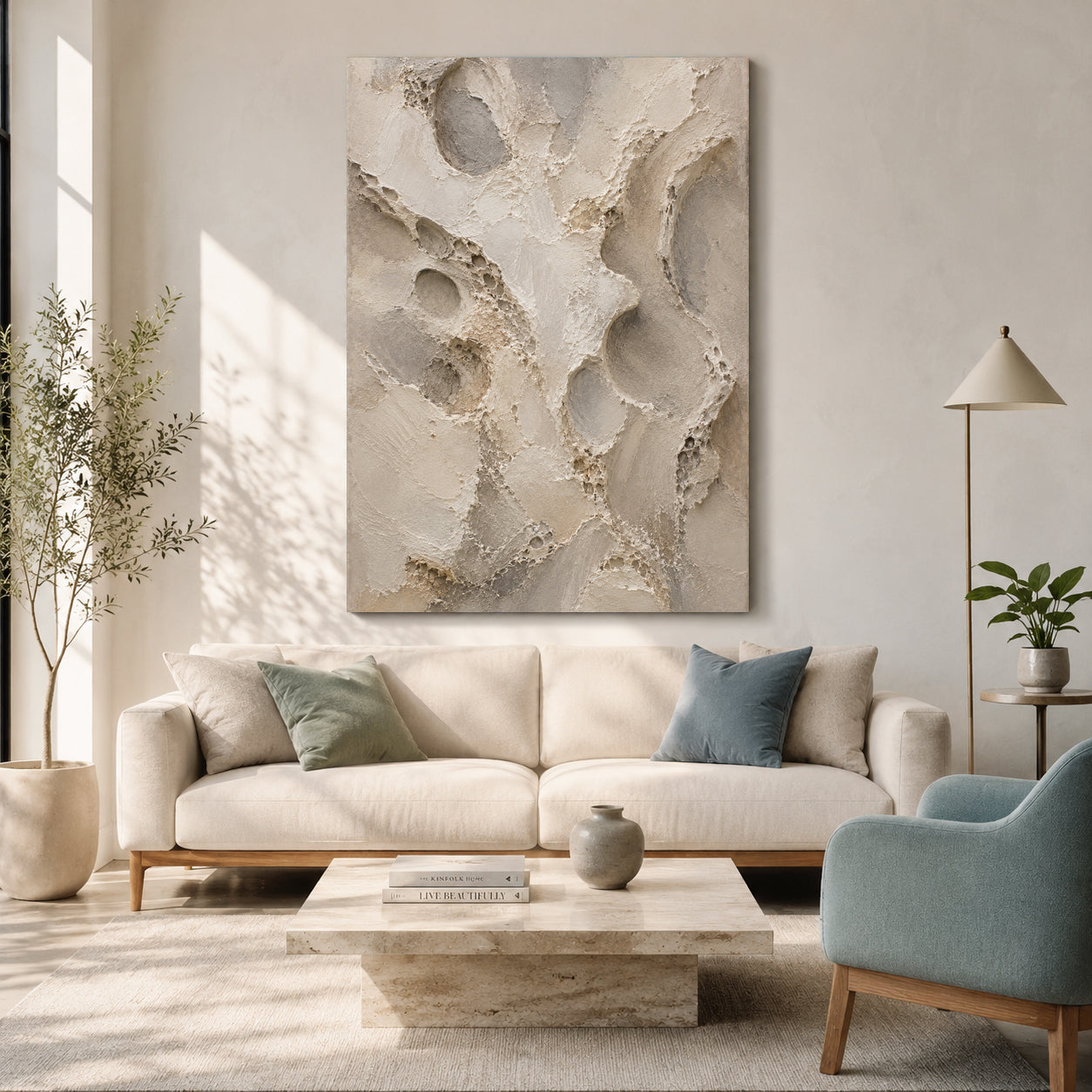 Large abstract canvas wall art in neutral beige and cream tones hanging above a cream sofa in a styled living room with a blue chair, coffee table, plants, and floor lamp.
