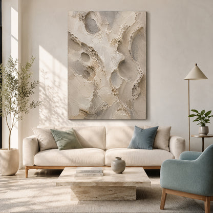 Large abstract canvas wall art in neutral beige and cream tones hanging above a cream sofa in a styled living room with a blue chair, coffee table, plants, and floor lamp.