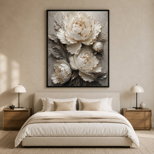 A large framed wall art print featuring cream and gray peony flowers, displayed above a bed in a modern, neutral-toned bedroom.